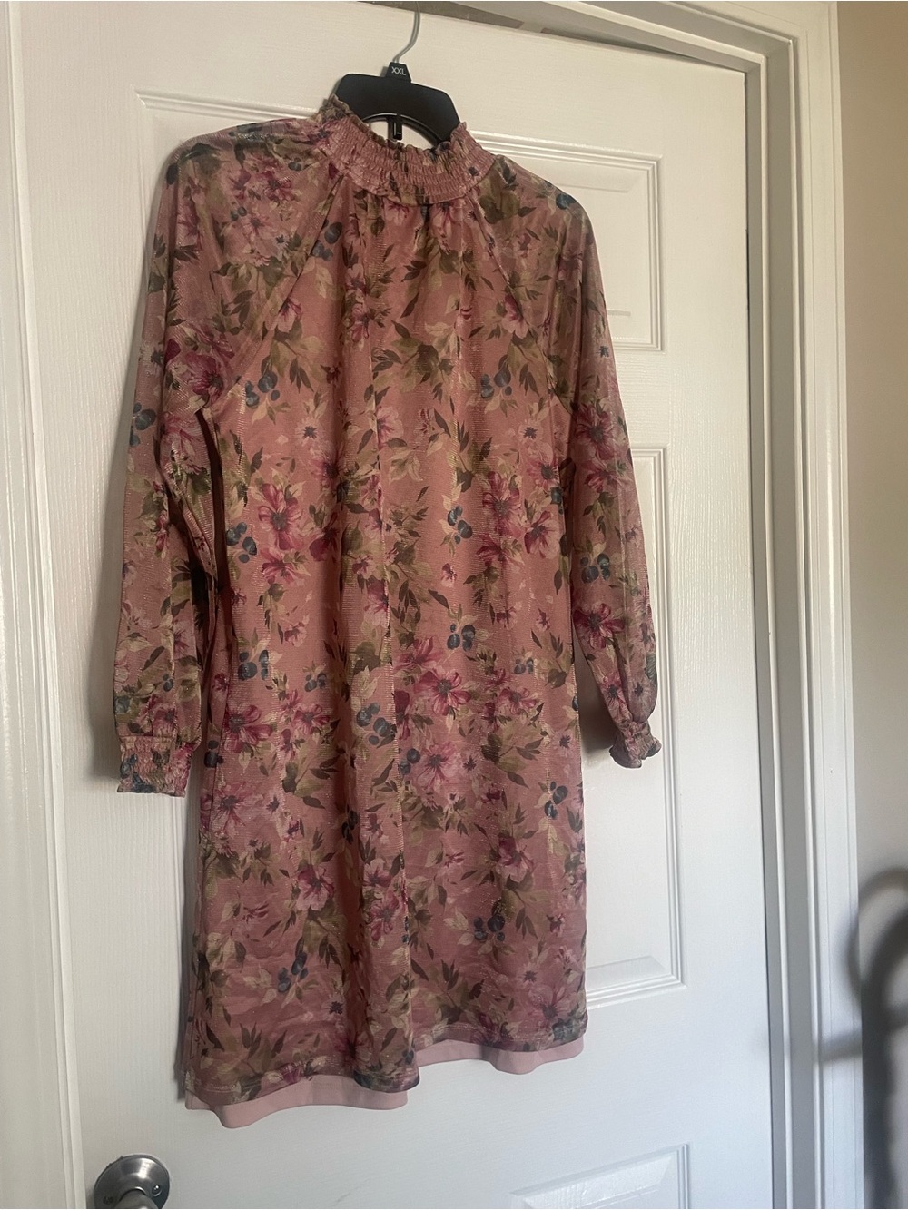 Floral Pink Sheer Long-Sleeve Shift Dress